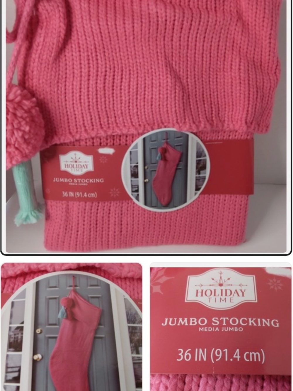 Holiday Time Pink Knit Jumbo Christmas Stocking with Pom